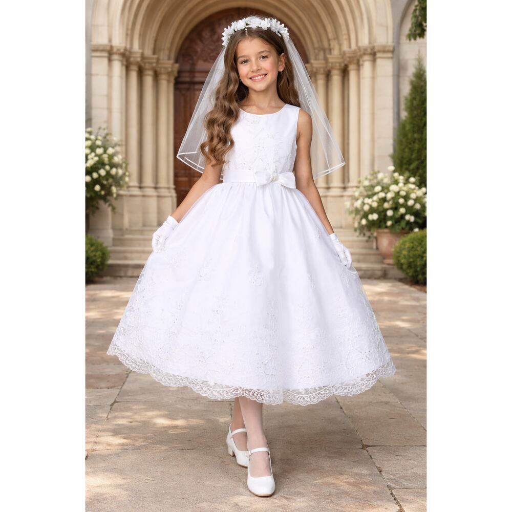 NEW Girls First Holy Communion Dress Size 7 - Emb Tulle Tea-length Sequins